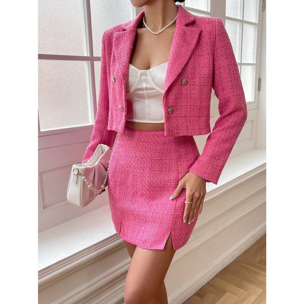 2 piece set: cropped Tweed Blazer jacket & Split Hem mini skirt hot pink barbie